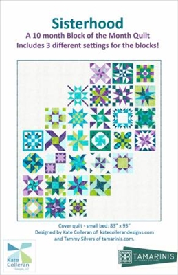 Cover picture shows a graphic modern quilt with blocks in shades of greens and blues on a high contrast white ground, with 30 different quilt blocks.