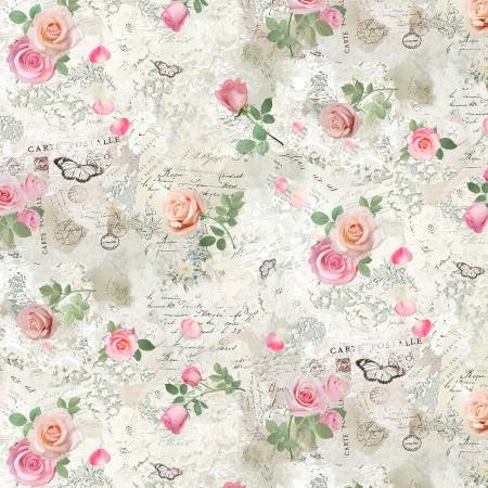 BELLEROSE Beige Vintage Scrapbook Fabric With Pink Roses by Timeless ...