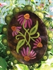 Purple coneflowers craft a stunning seasonal home accent sewn in wool applique as a wall hanging or penny rug pattern,  shown in buttery soft, hand dyed wool in vibrant botanical colors.